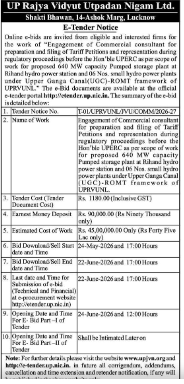 UPRVUNL Invites E-Tender for Commercial Consultant Services for Pumped Storage & Small Hydro Projects