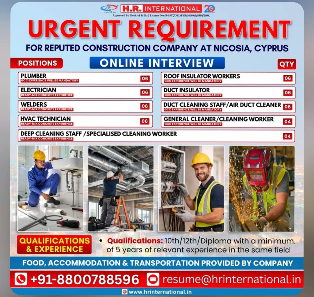 Urgent Construction Jobs in Nicosia – Online Interview Hiring