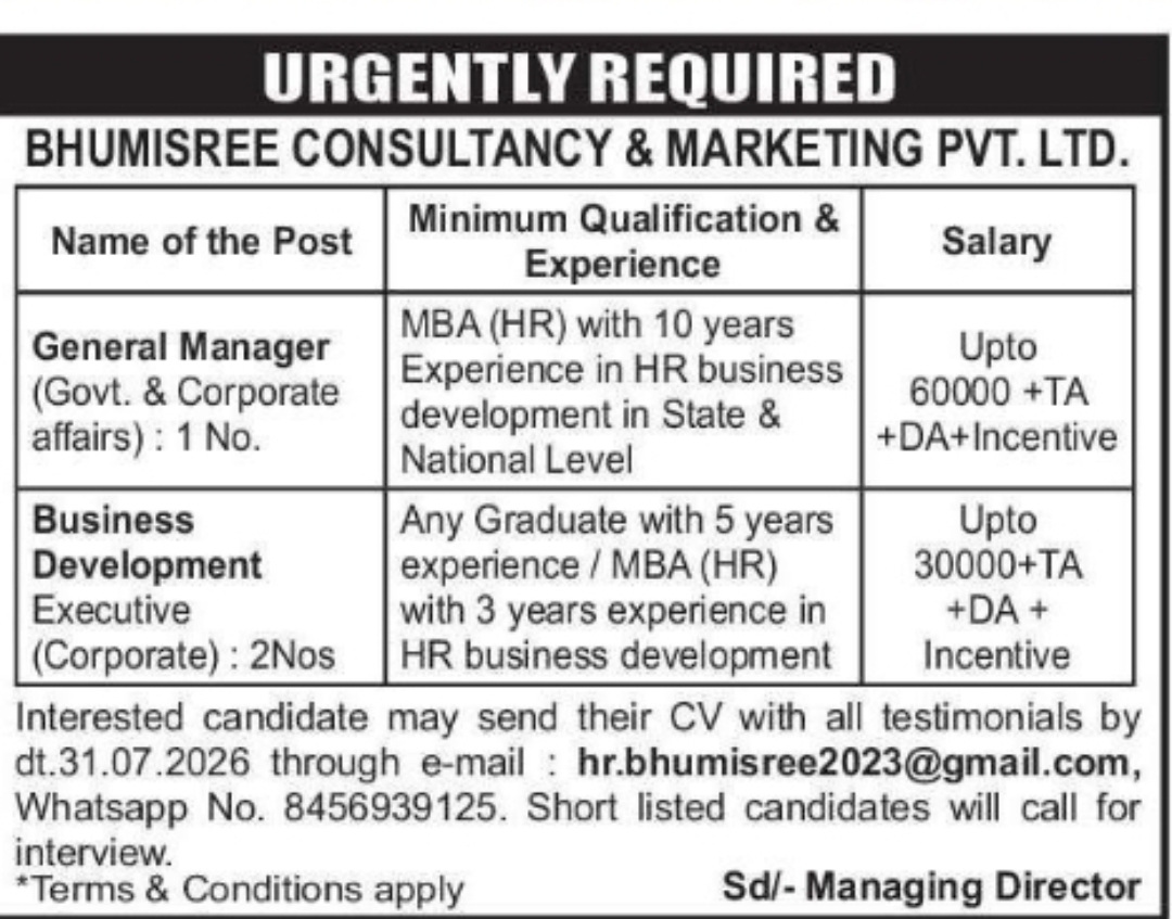Urgent Hiring: Bhumisree Consultancy & Marketing Pvt. Ltd.