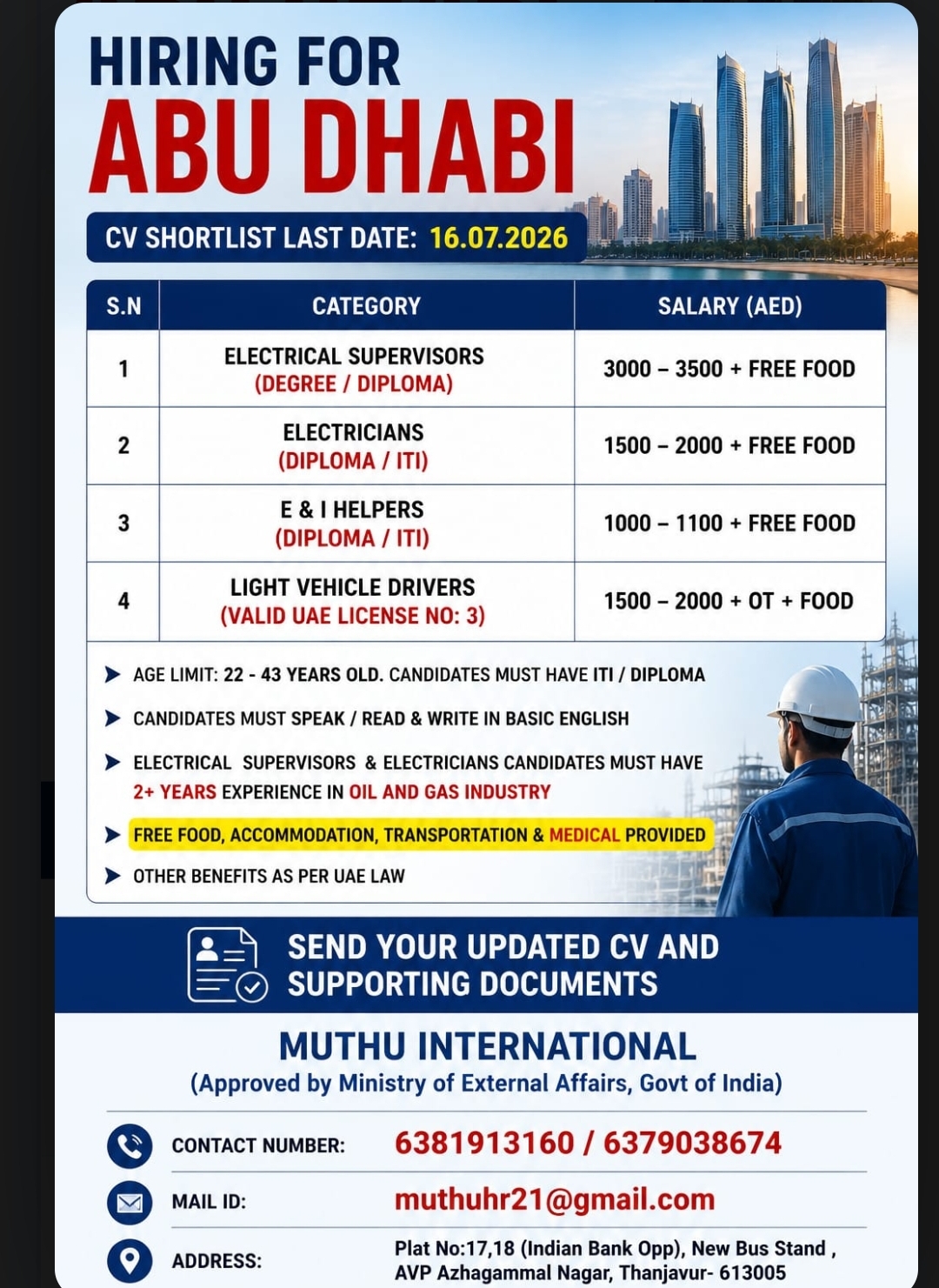 Urgent Hiring for Abu Dhabi – Electrical & Driver Jobs