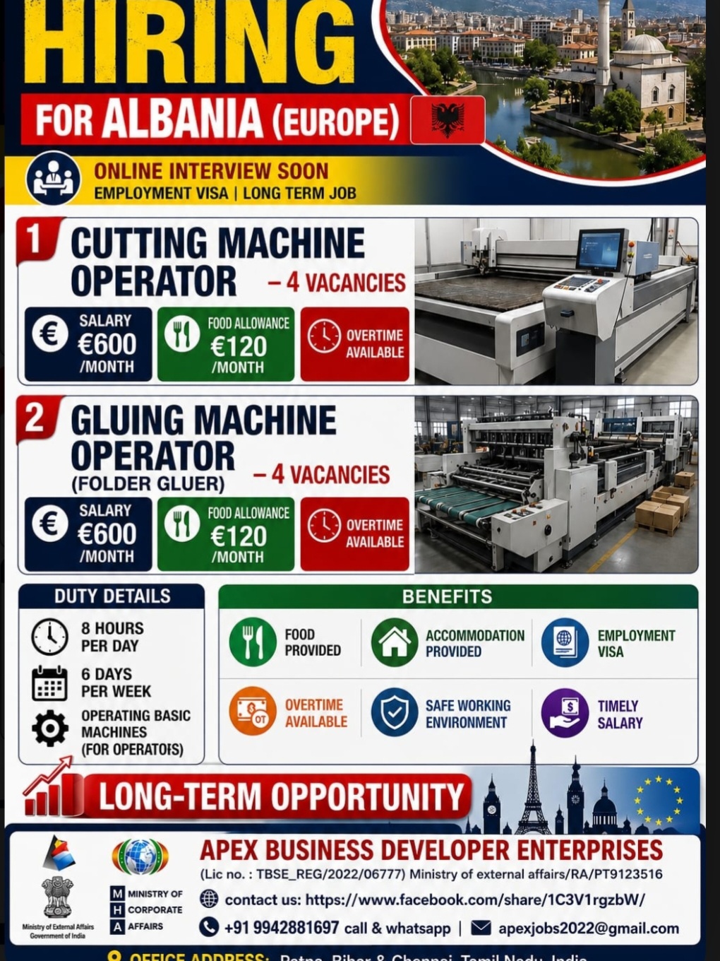 Urgent Hiring for Albania (Europe) – Cutting & Gluing Machine Operators | Long-Term Employment Visa