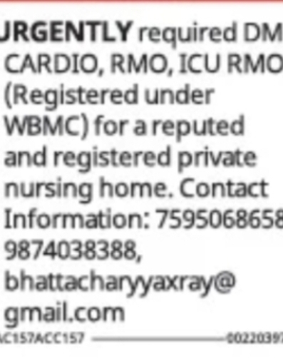 Urgent Hiring for DM Cardiology, RMO & ICU RMO