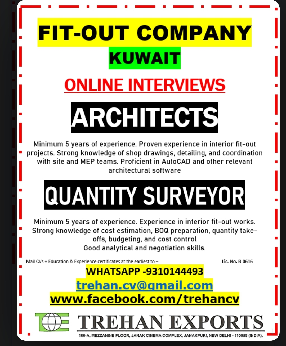 Urgent Hiring for Fit-Out Company – Kuwait | Online Interviews