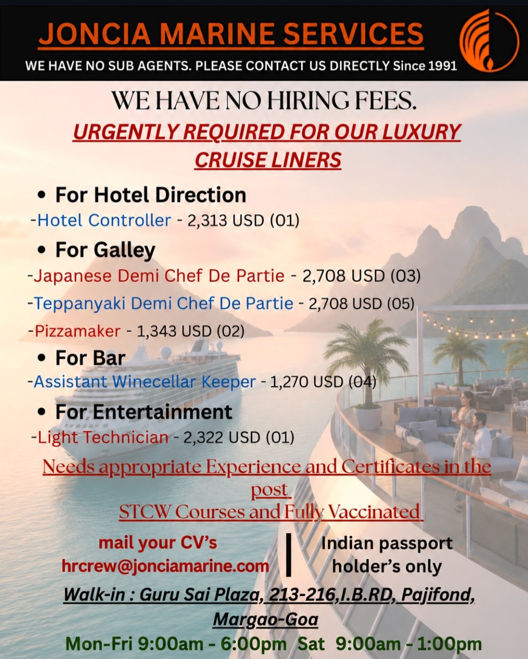 URGENT HIRING FOR LUXURY CRUISE LINERS