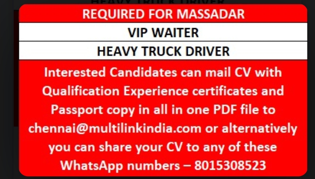 Urgent Hiring for MASSADAR – VIP Waiter & Heavy Truck Driver