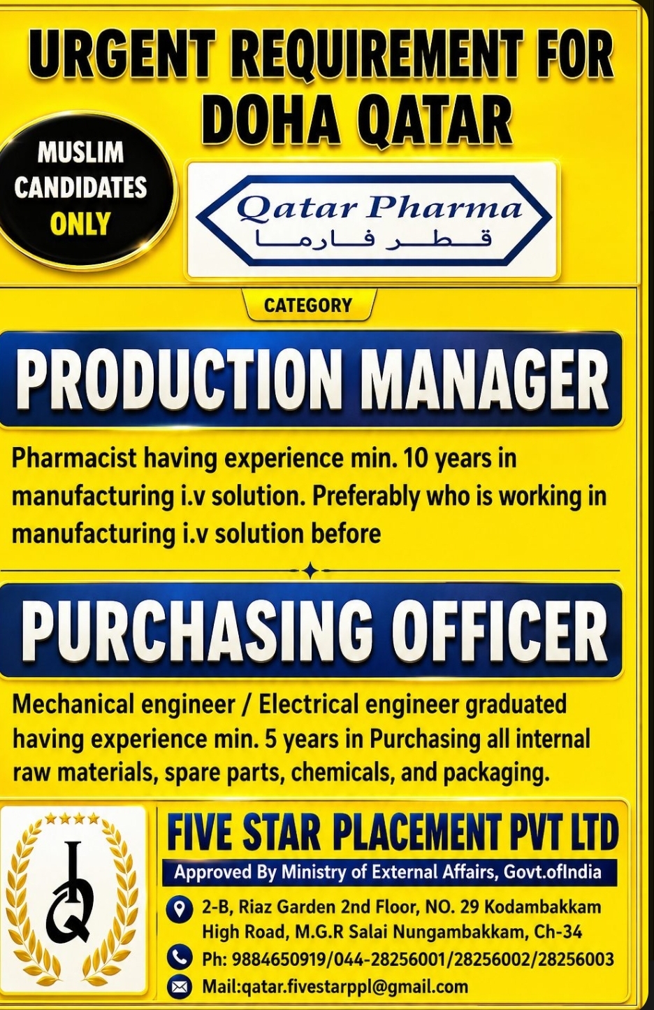 Urgent Hiring for Qatar Pharma – Doha, Qatar (Muslim Candidates Only)