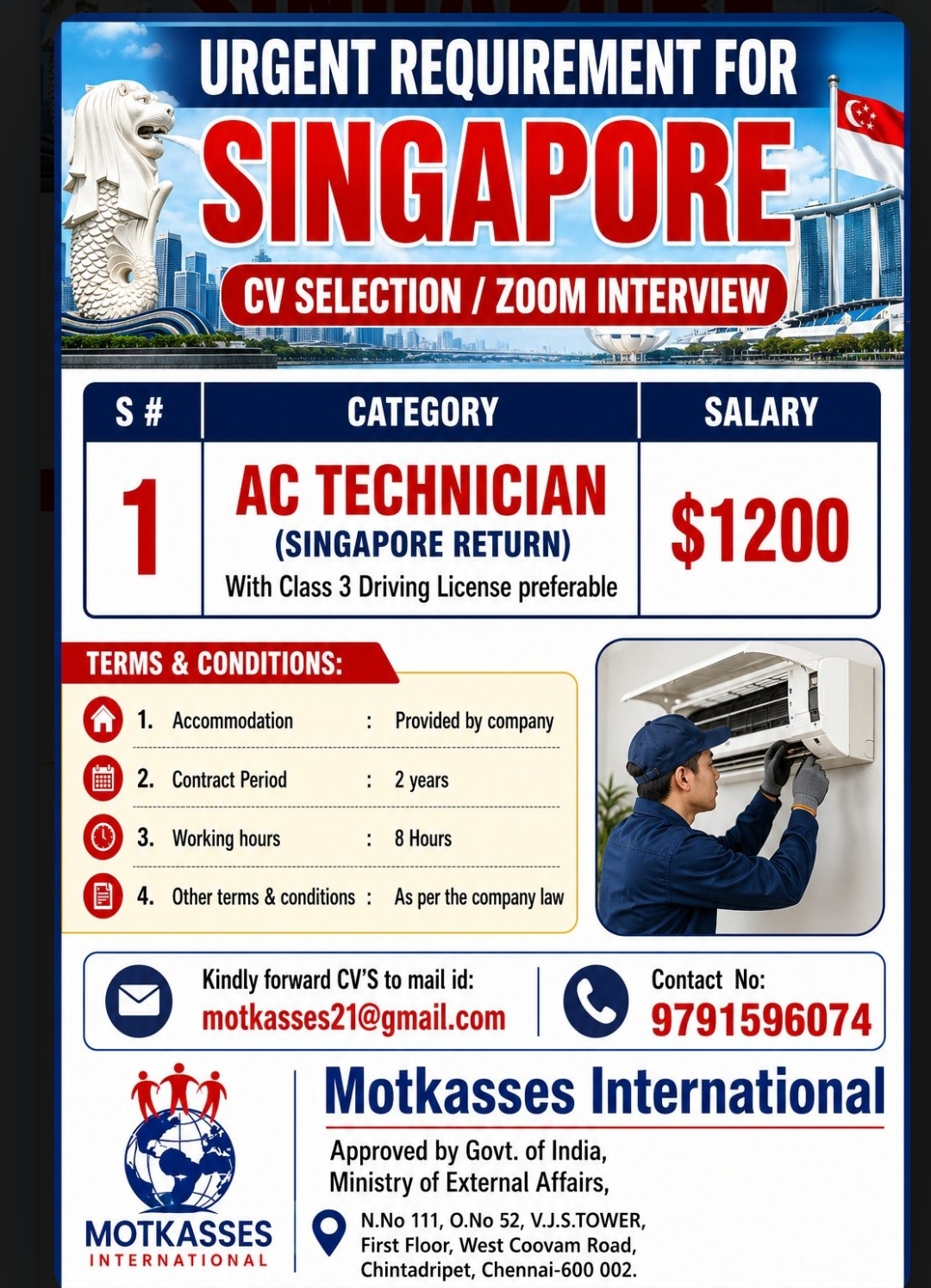 Urgent Hiring for Singapore – AC Technician (Singapore Return)