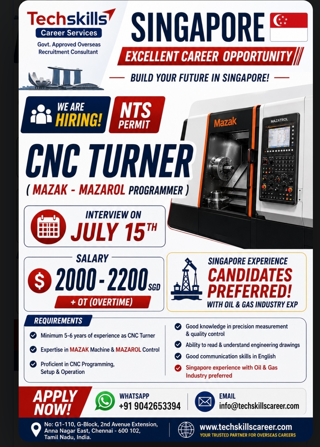 Urgent Hiring for Singapore – CNC Turner (Mazak / Mazatrol Programmer)