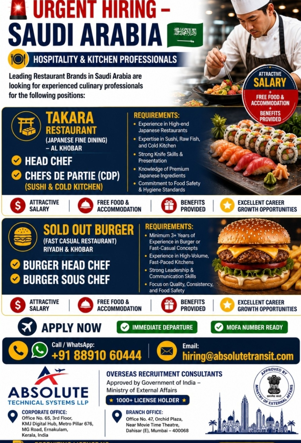 Urgent Hiring – Hospitality & Kitchen Professionals for Saudi Arabia