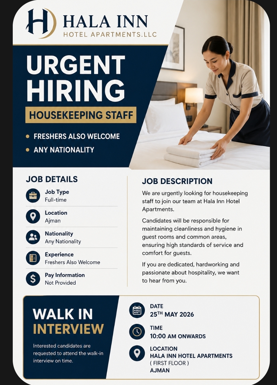 Urgent Hiring – Housekeeping Staff