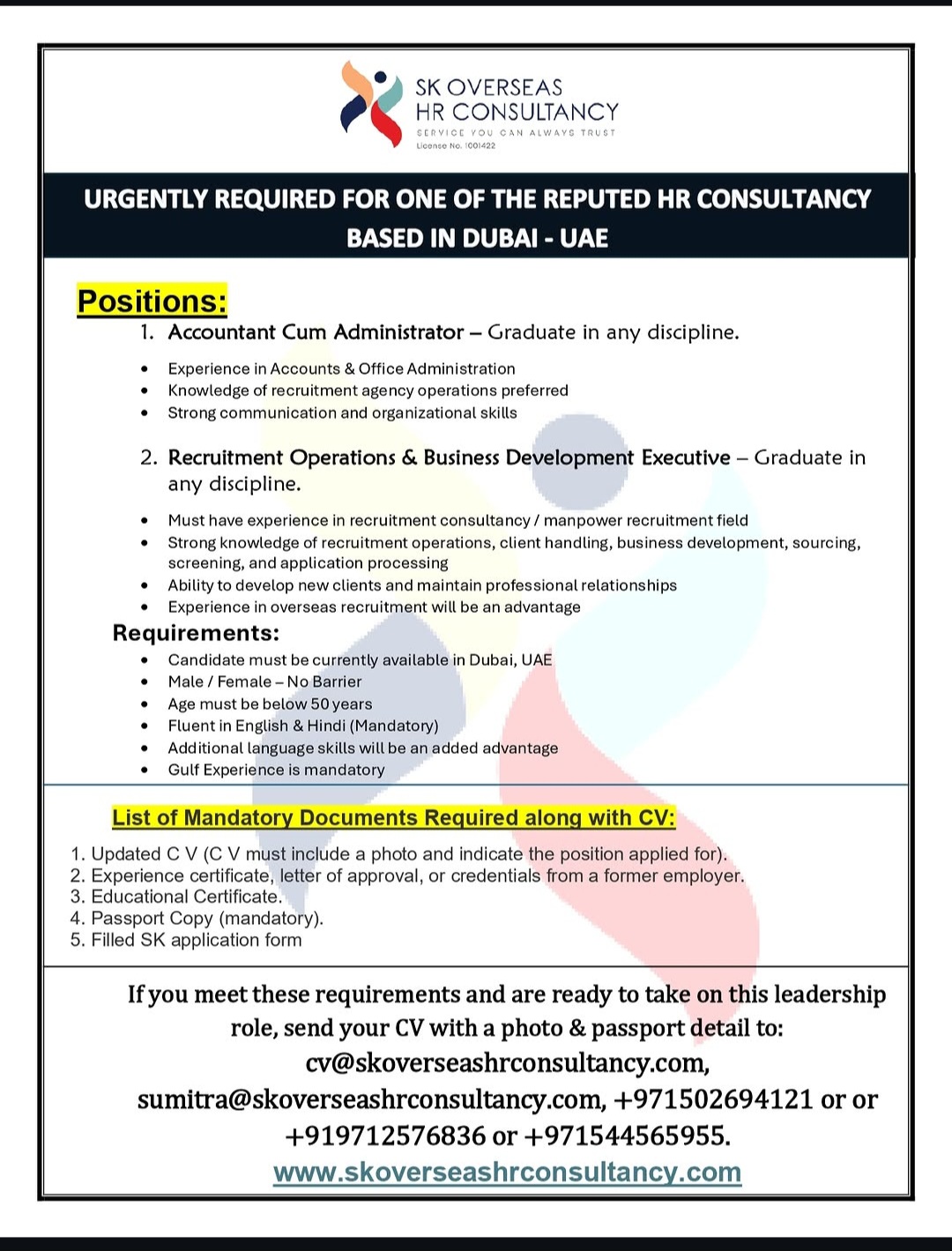URGENT HIRING – HR CONSULTANCY, DUBAI (UAE)