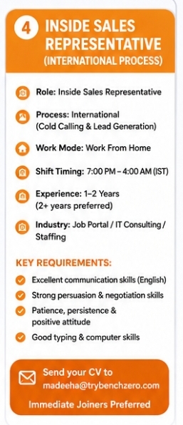 📢 Urgent Hiring: Inside Sales Representative (International Process)