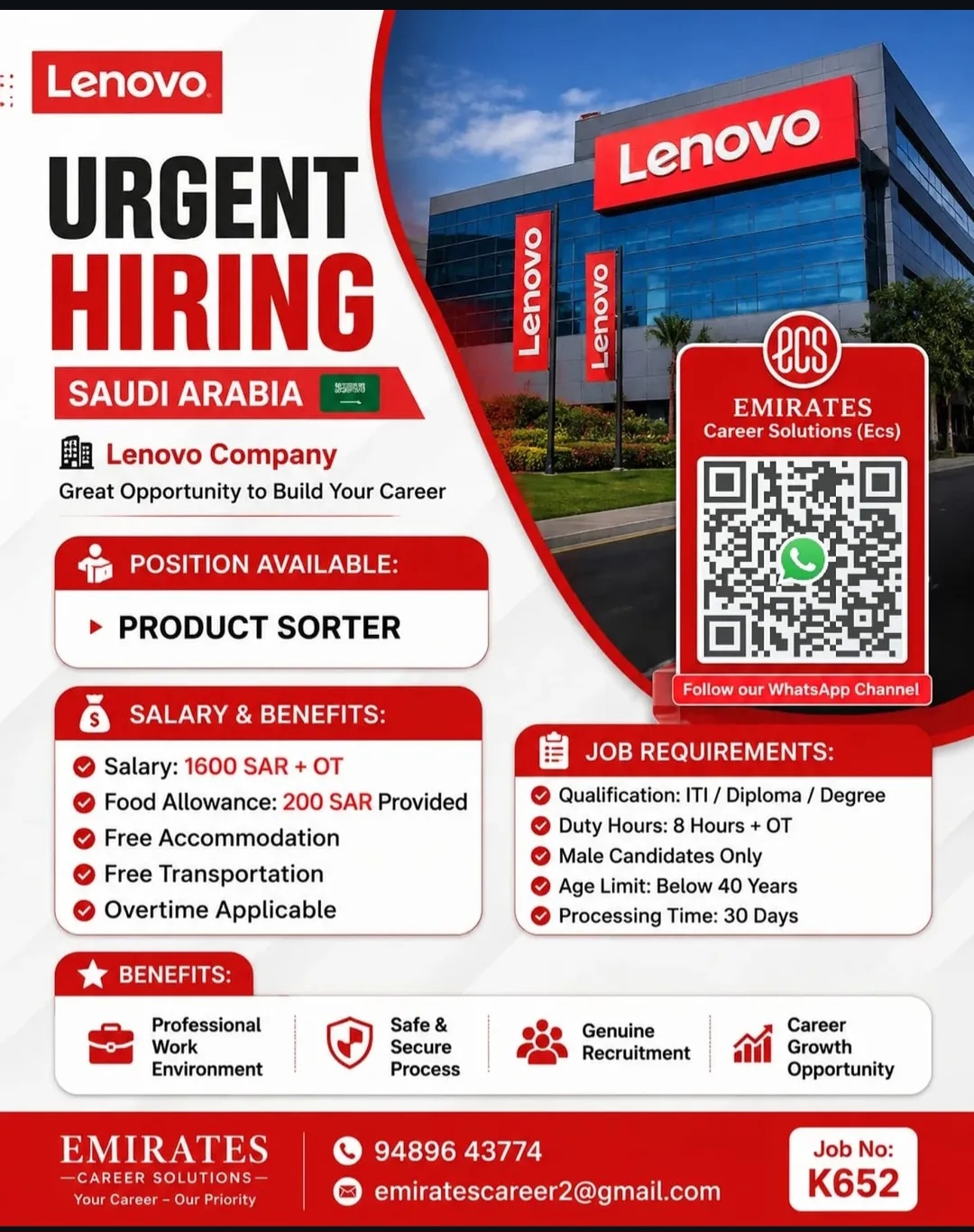 URGENT HIRING – LENOVO (SAUDI ARABIA) Position: Product Sorter