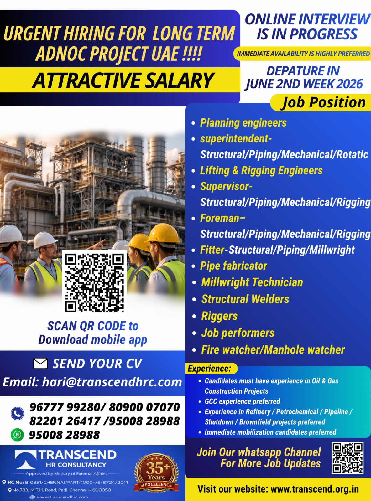 URGENT HIRING – LONG TERM ADNOC PROJECT, UAE
