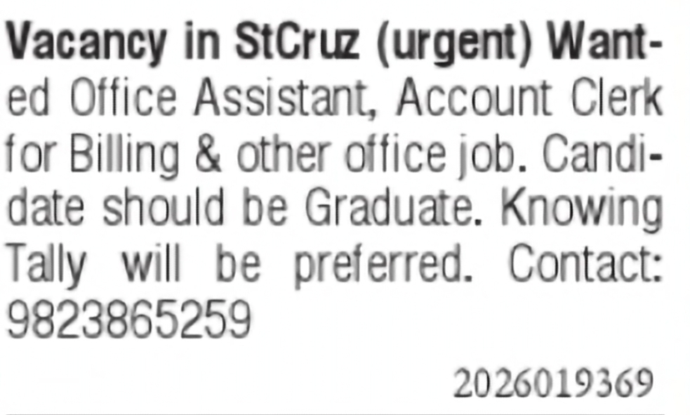 Urgent Hiring – Office Assistant & Account Clerk | St. Cruz