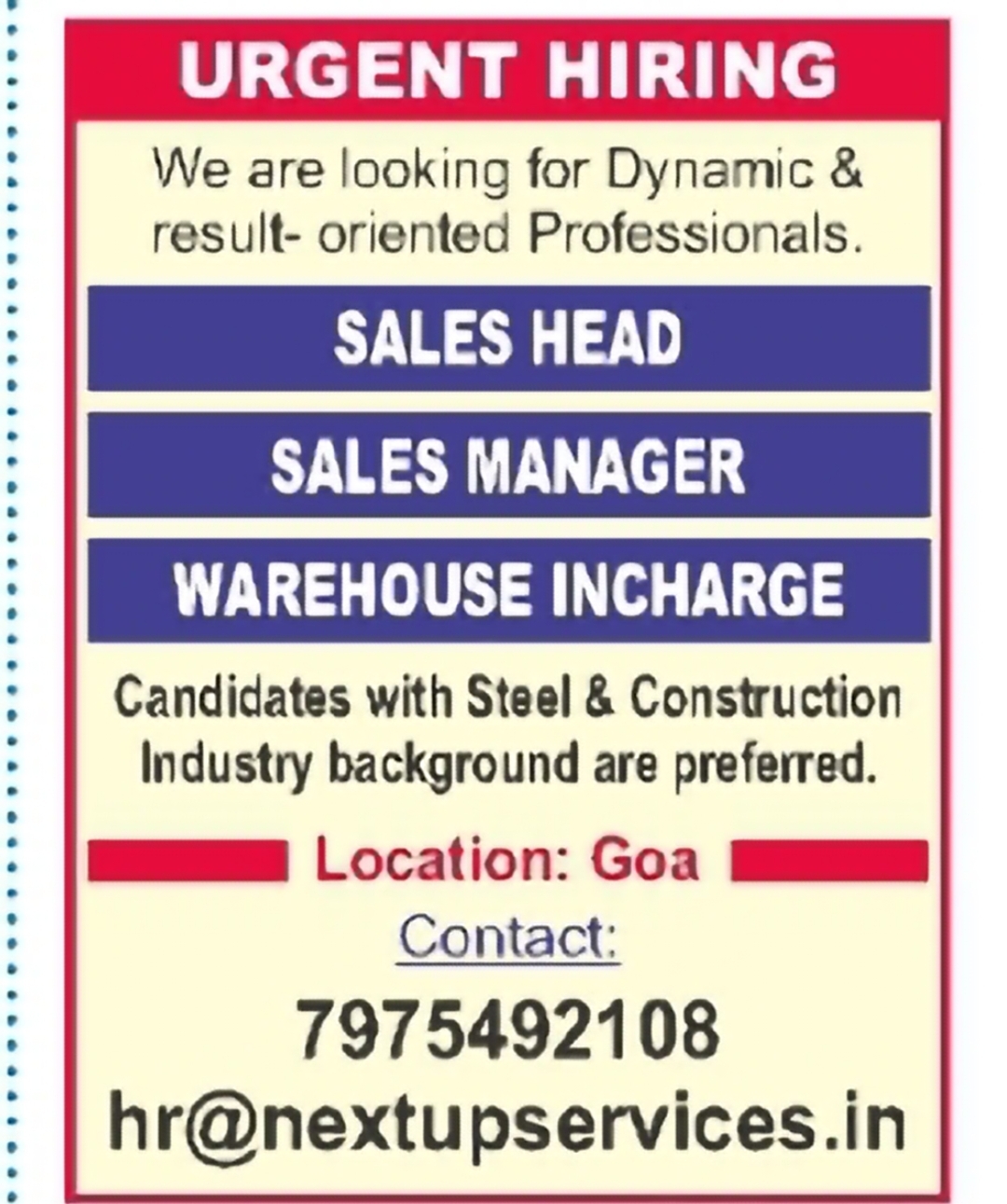 Urgent Hiring – Sales & Warehouse Positions