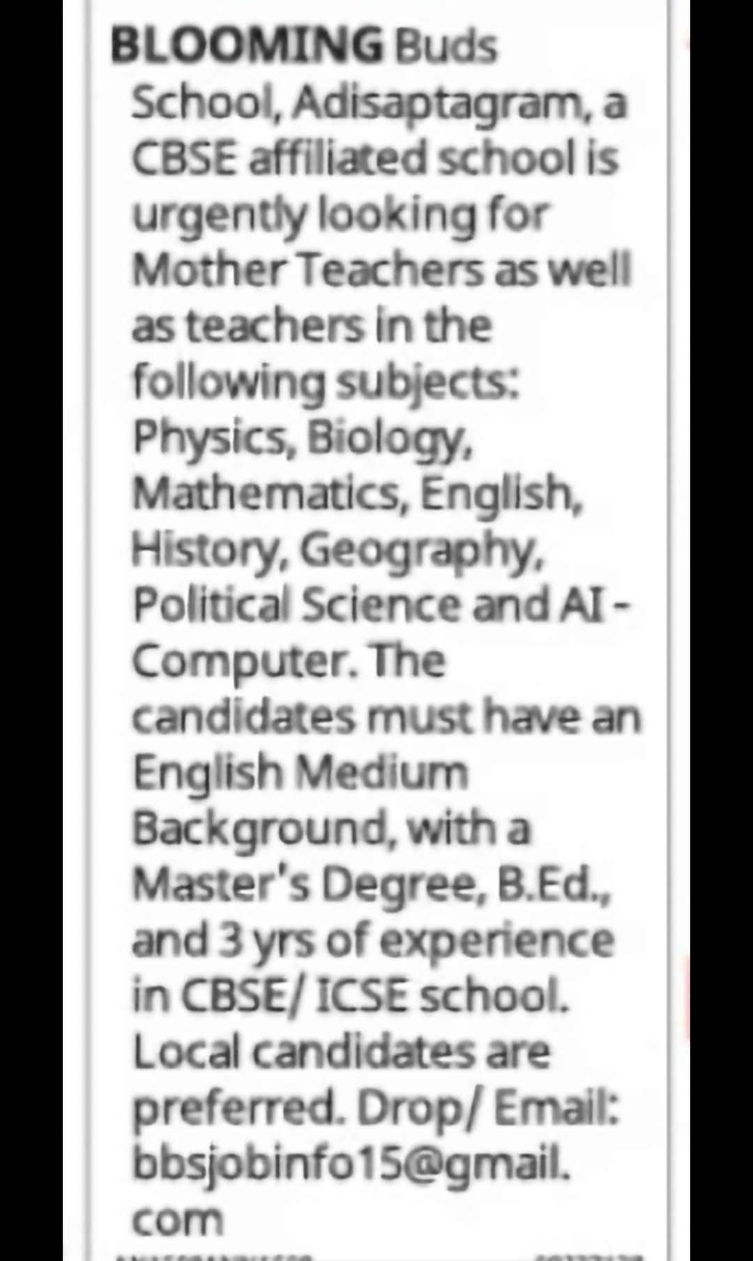 Urgent Hiring: Teachers – CBSE School
