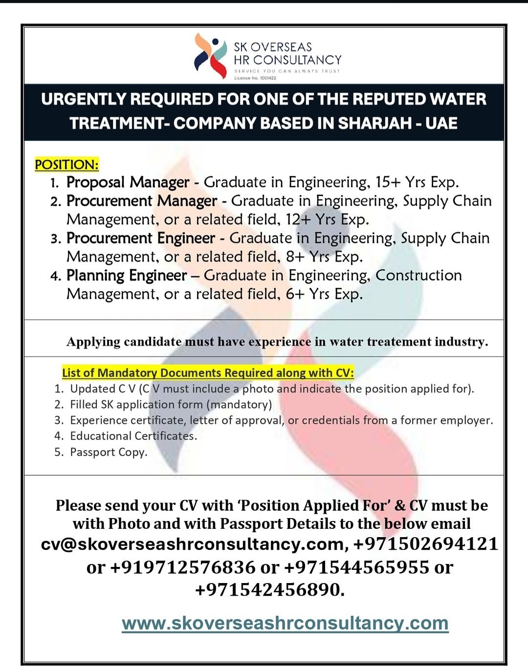 URGENT HIRING – WATER TREATMENT COMPANY (SHARJAH, UAE)
