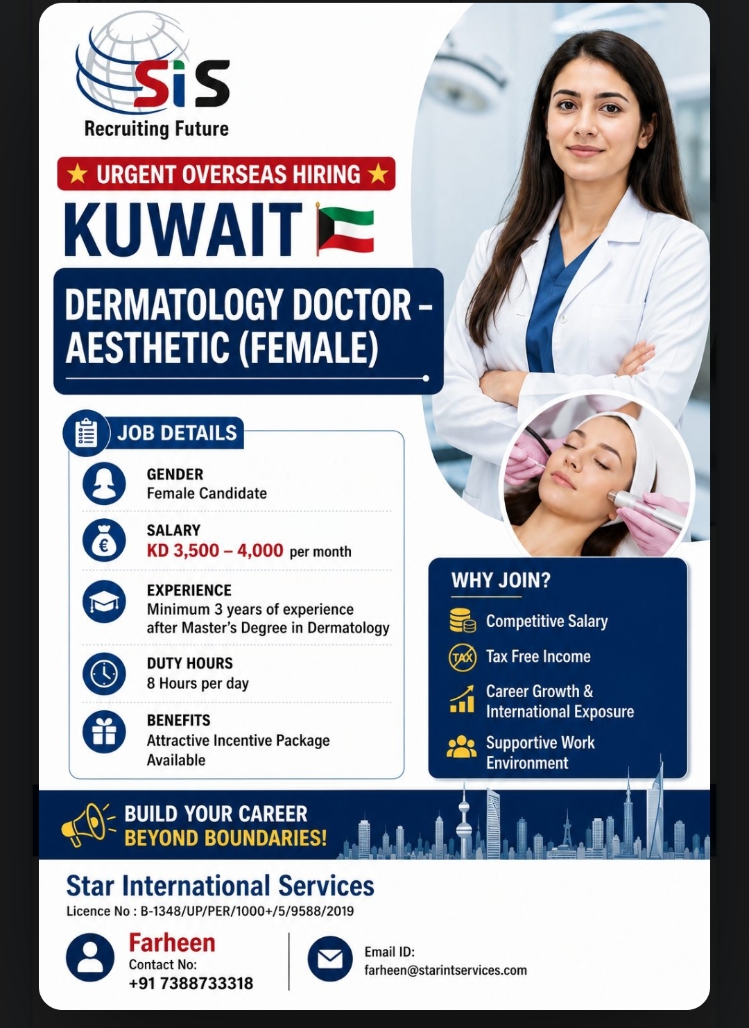 Urgent Overseas Hiring – Female Dermatology Doctor (Aesthetic) | Kuwait