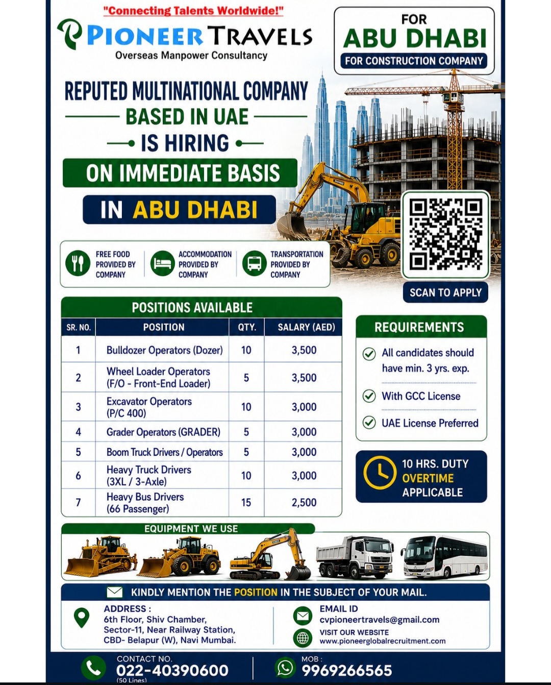 Urgent Overseas Hiring for Construction Company in Abu Dhabi – Multiple Operator & Driver Vacancies Available