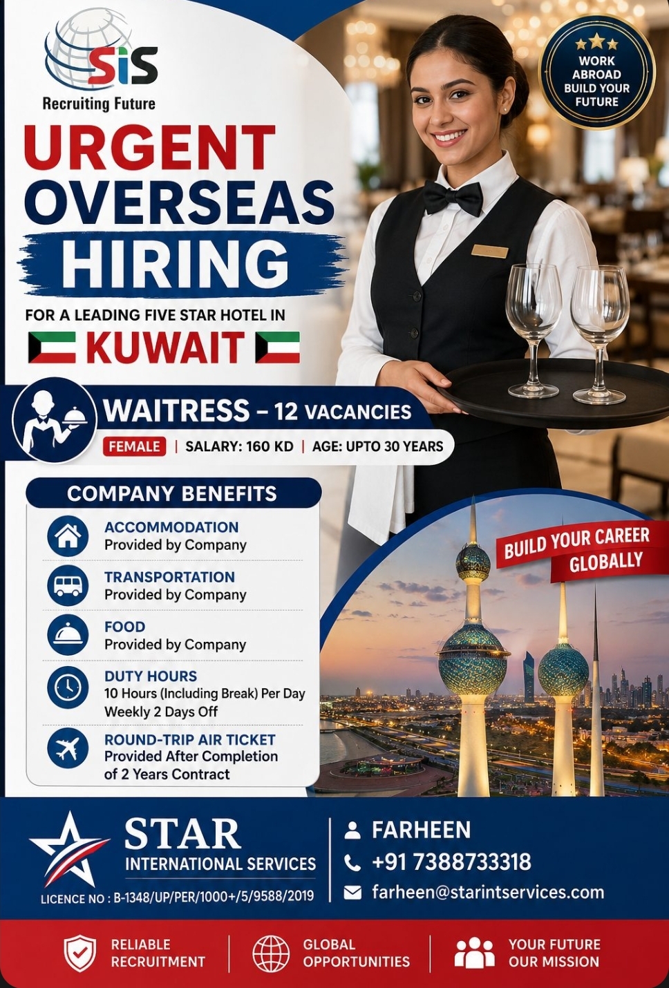 Urgent Overseas Hiring – Waitress Jobs in a Leading 5-Star Hotel, Kuwait