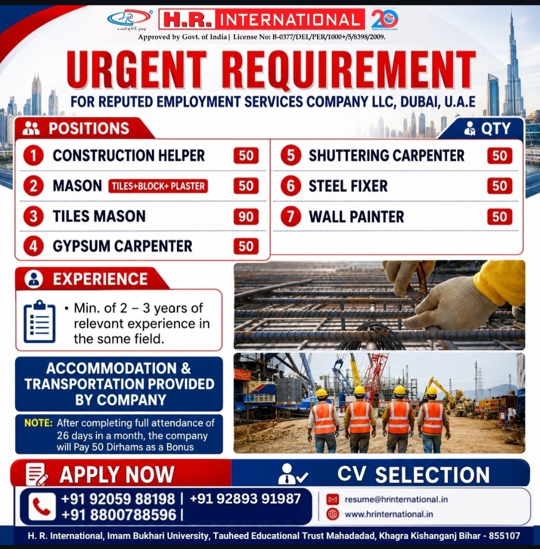 Urgent Requirement for Reputed Employment Services Company LLC, Dubai, UAE