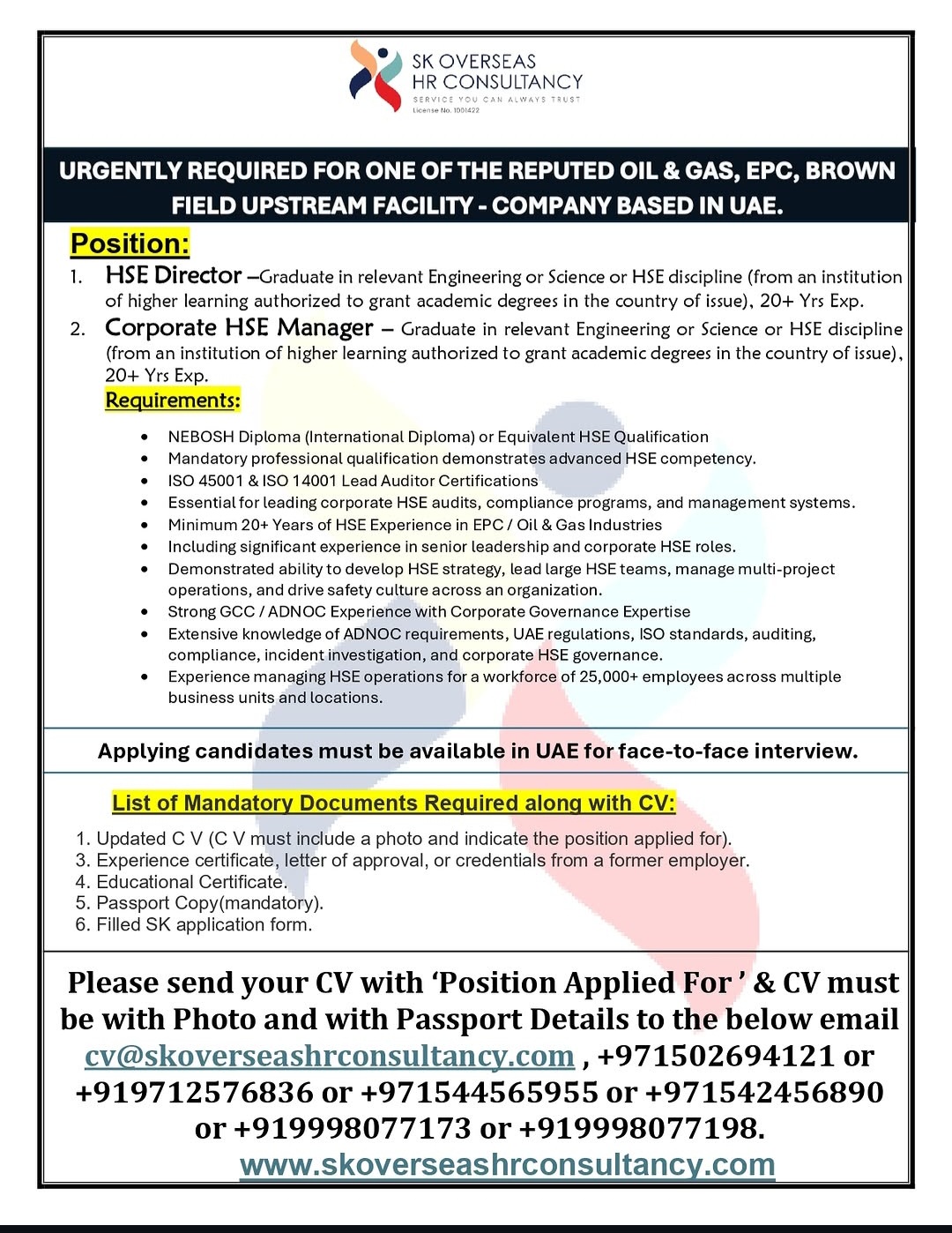 URGENT REQUIREMENT – OIL & GAS / EPC COMPANY (UAE)