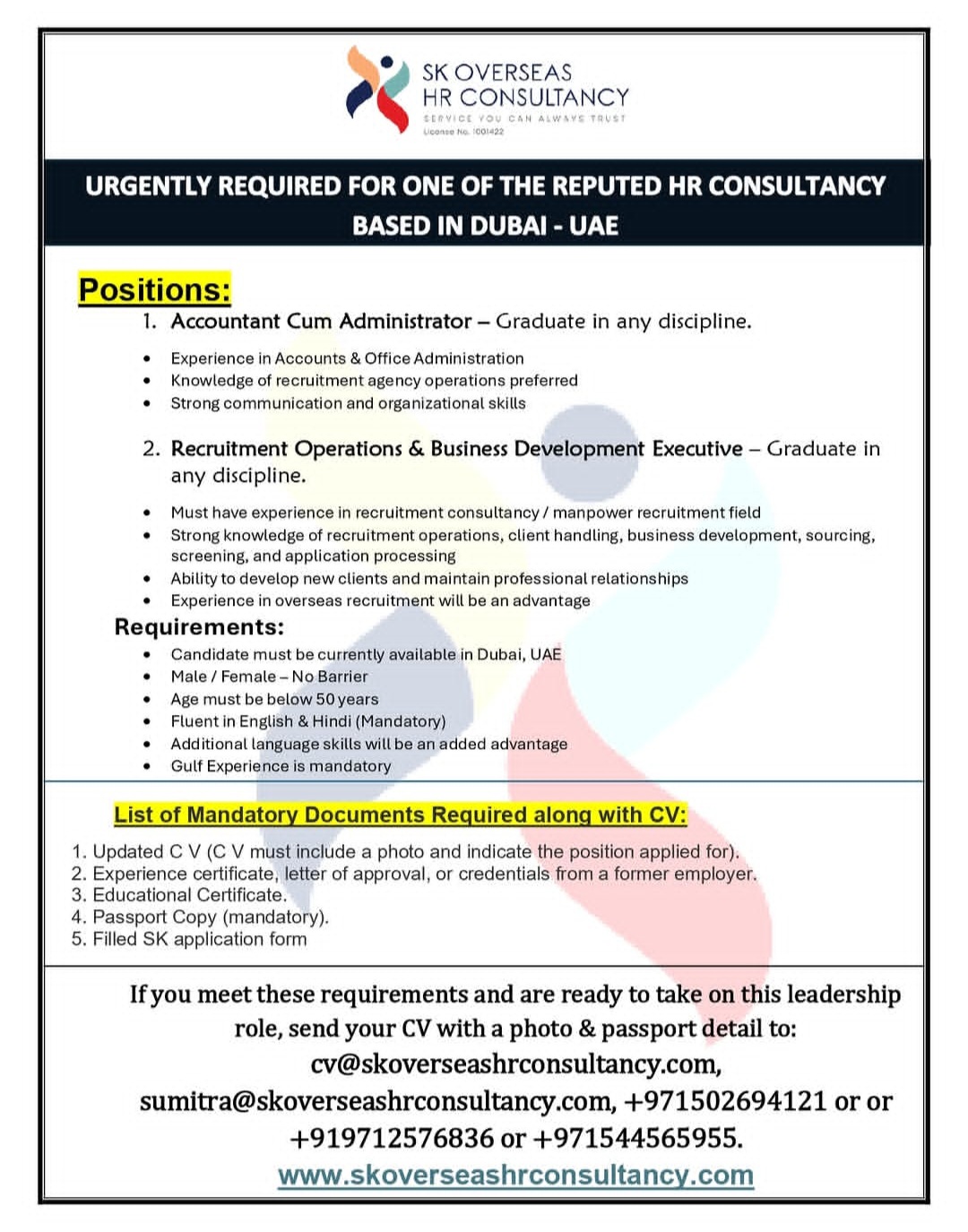 URGENT REQUIREMENT – REPUTED HR CONSULTANCY (DUBAI, UAE)