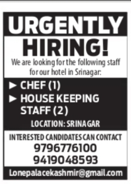 Urgently Hiring – Hotel Staff | Srinagar