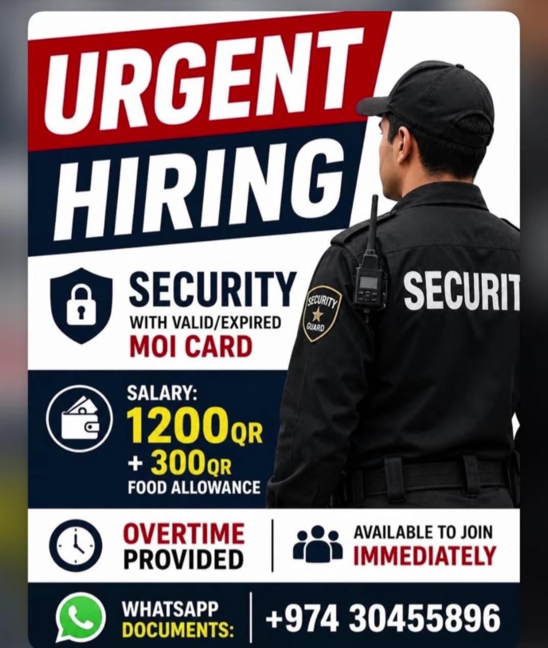 Urgently hiring Security Guards in Qatar.