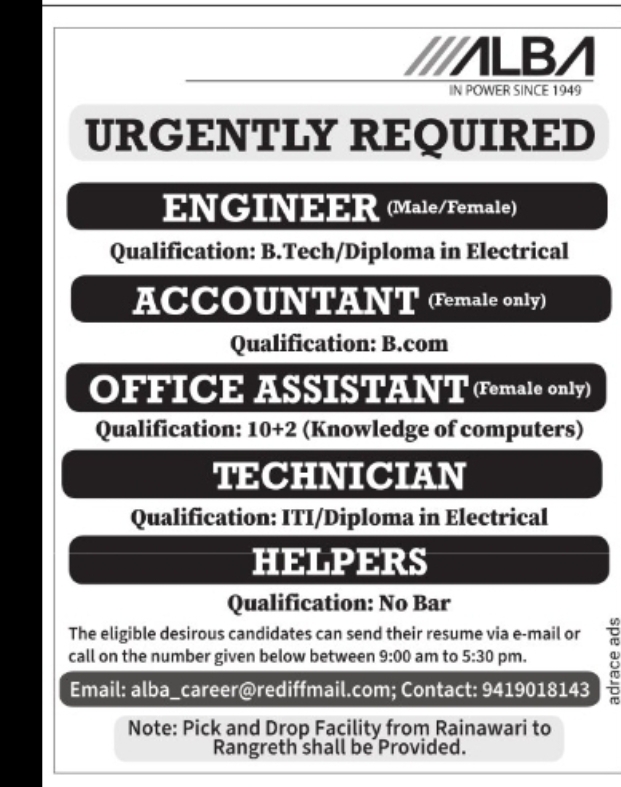 Urgently Required – ALBA Power (Since 1949)