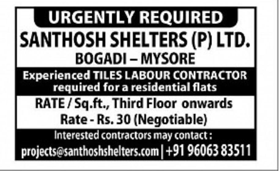 Urgently Required – Experienced Tiles Labour Contractor | Mysore