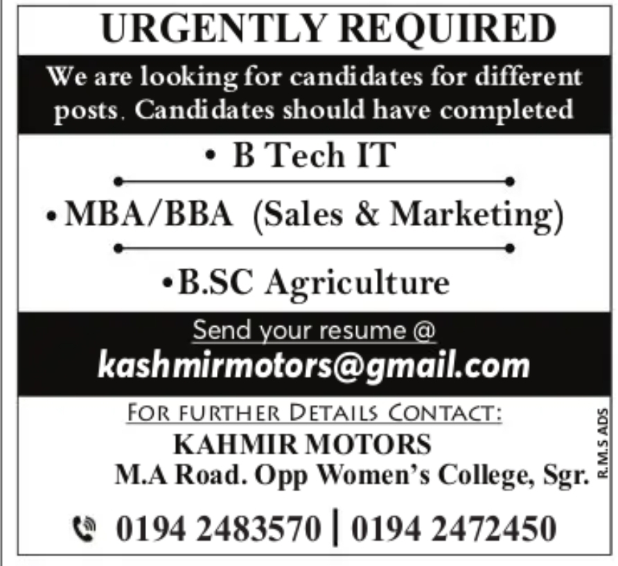 Urgently Required – Multiple Job Openings at Kashmir Motors