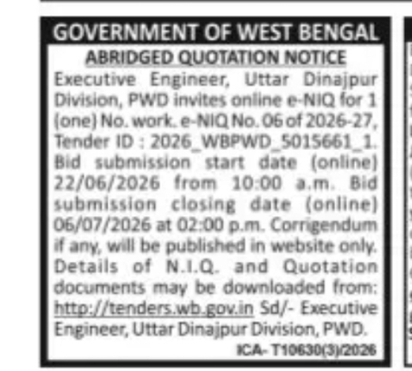 Uttar Dinajpur Division PWD – Abridged Quotation Notice
