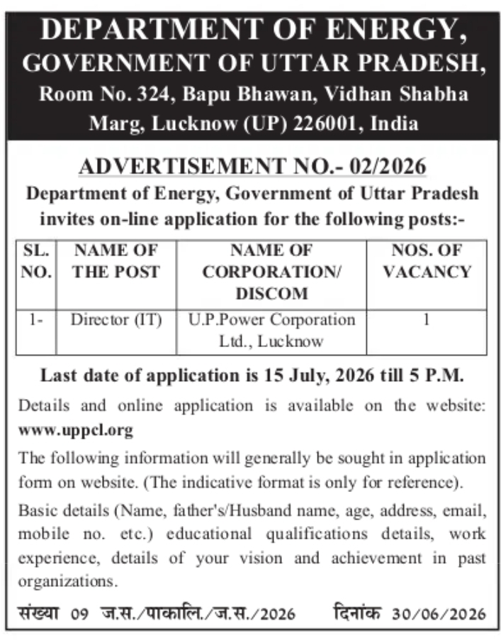 Uttar Pradesh Department of Energy Recruitment 2026 – Director (IT) Vacancy