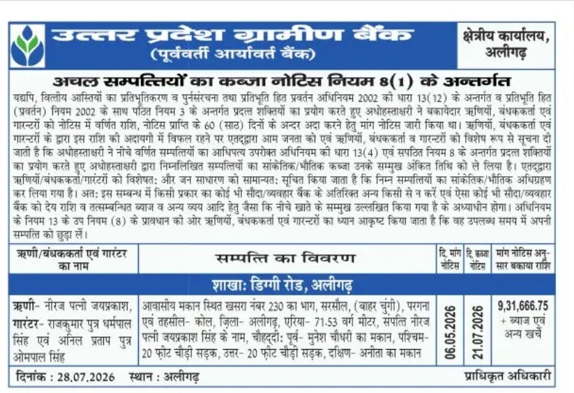 Uttar Pradesh Gramin Bank Possession Notice – Aligarh