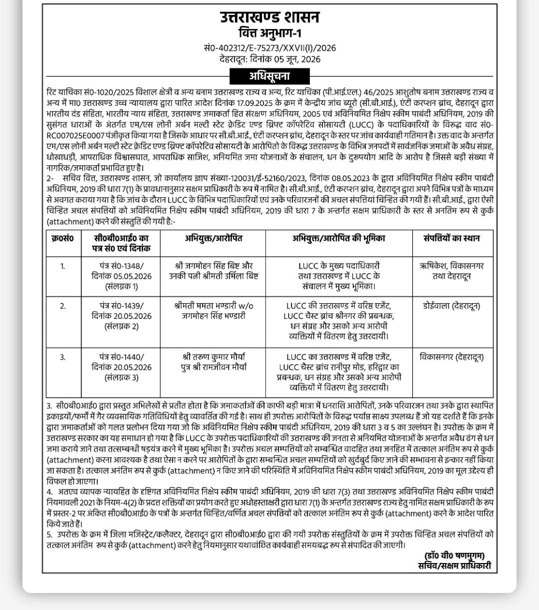 Uttarakhand Government Public Notice – Attachment of Properties under BUDS Act, 2019