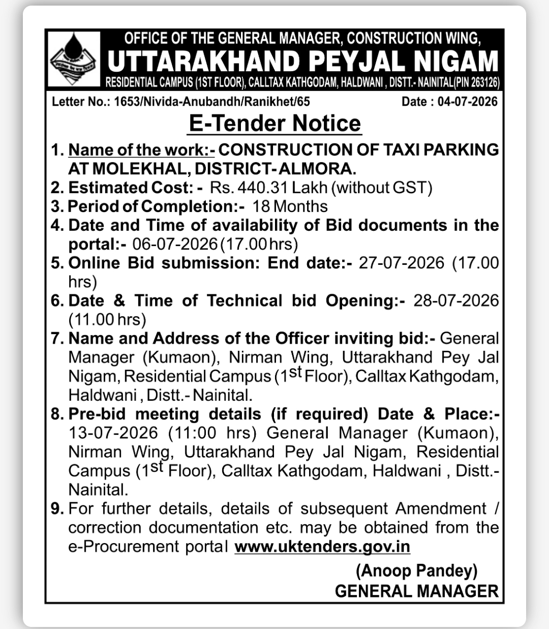Uttarakhand Pey Jal Nigam Invites E-Tender for Construction of Taxi Parking at Molekhal, Almora