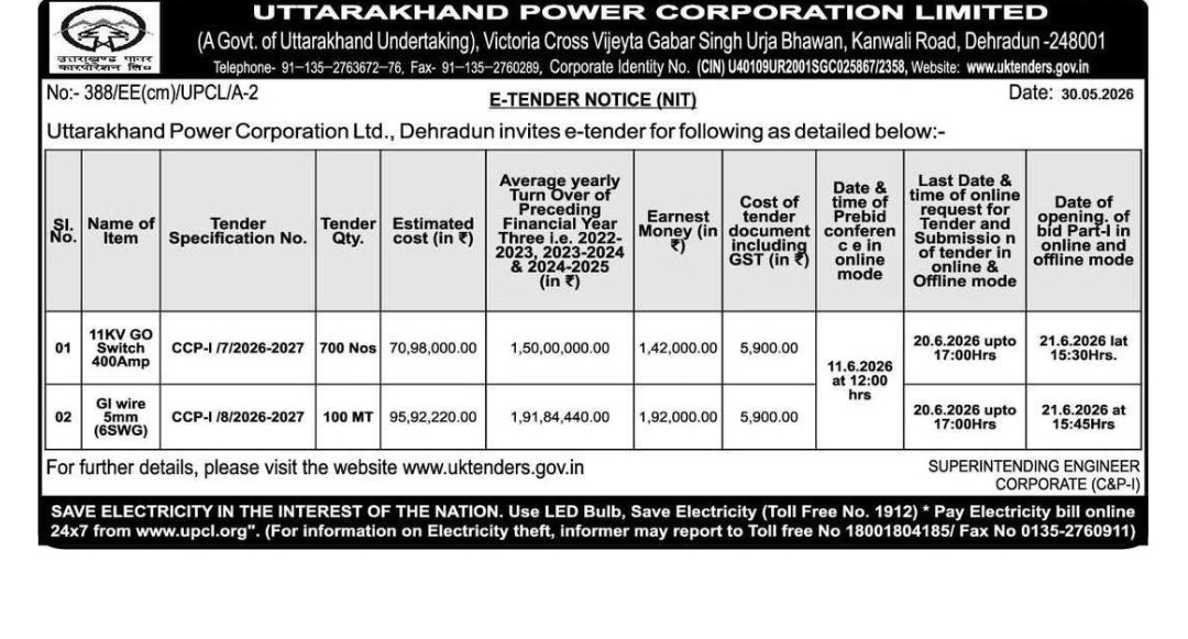 Uttarakhand Power Corporation Limited (UPCL) – E-Tender Notice 2026