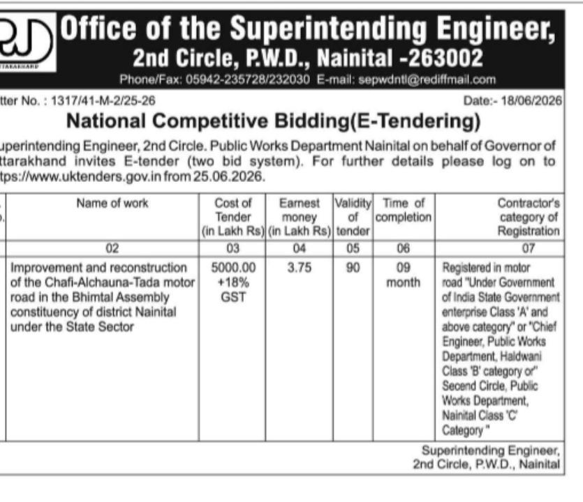 Uttarakhand PWD Invites ₹50 Crore E-Tender for Chafi–Alchauna–Tada Road Reconstruction in Bhimtal, Nainital