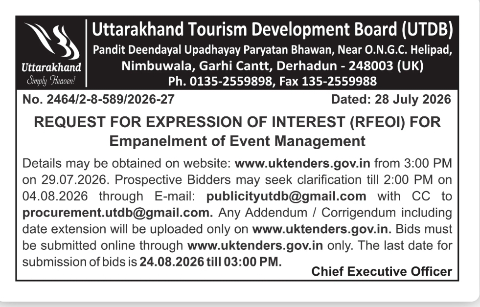 Uttarakhand Tourism Development Board (UTDB) – Request for Expression of Interest (RFEOI) for Empanelment of Event Management Agencies