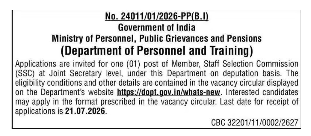 Vacancy Description: Member, Staff Selection Commission (SSC)