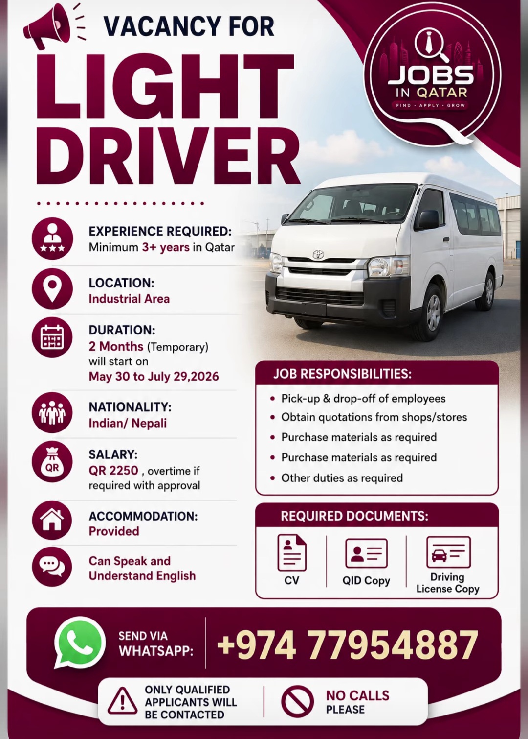 Vacancy for Light Driver in Qatar