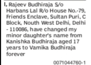 Vamika Budhiraja Minor Name Change Notice