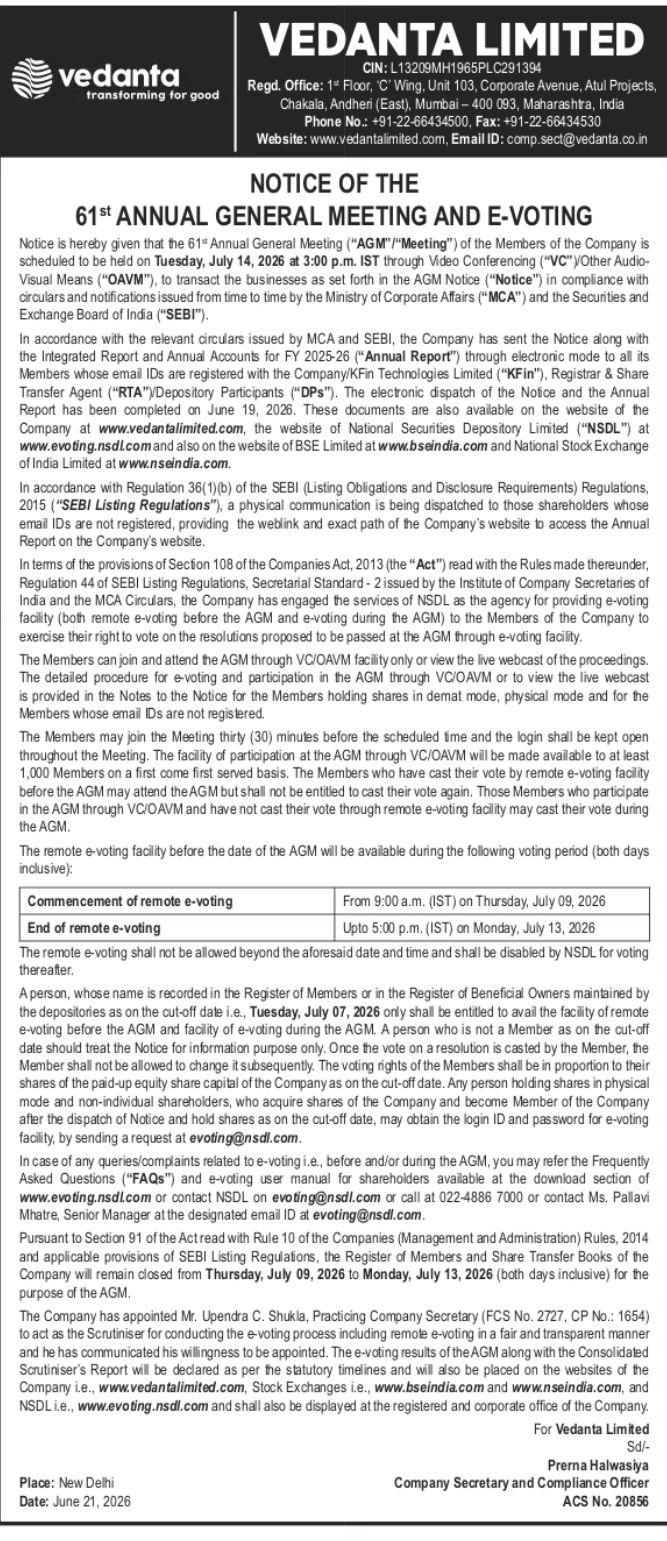 Vedanta Limited – Notice of 61st Annual General Meeting (AGM) & E-Voting Information