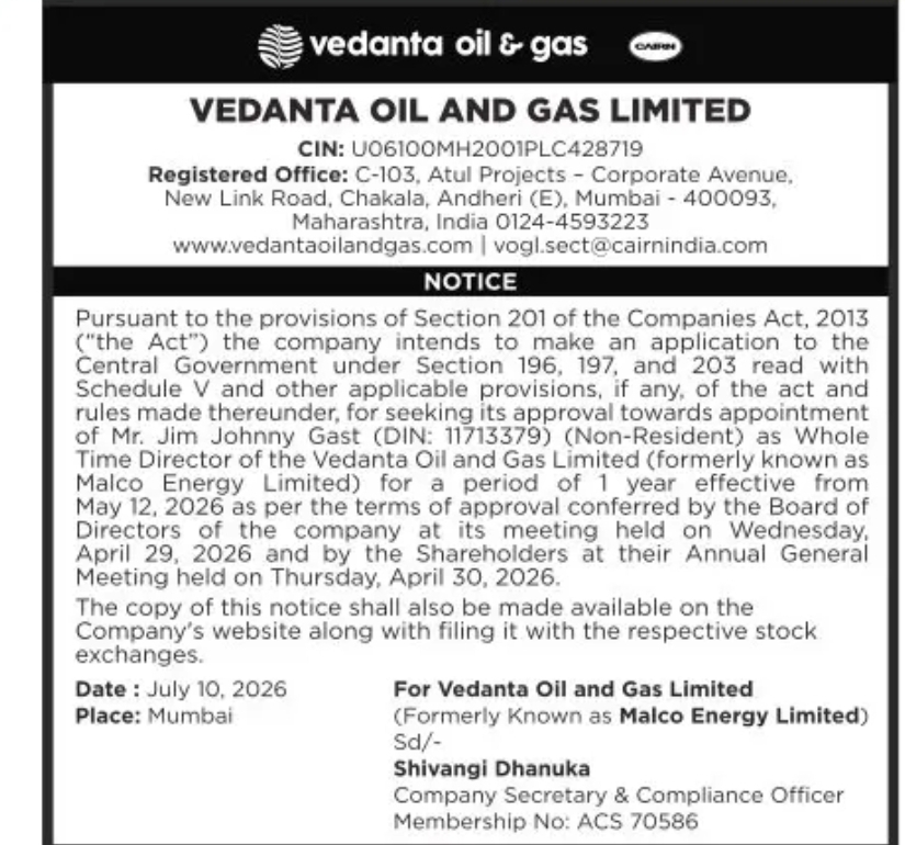 Vedanta Oil and Gas Seeks Central Government Approval for Whole-Time Director Appointment