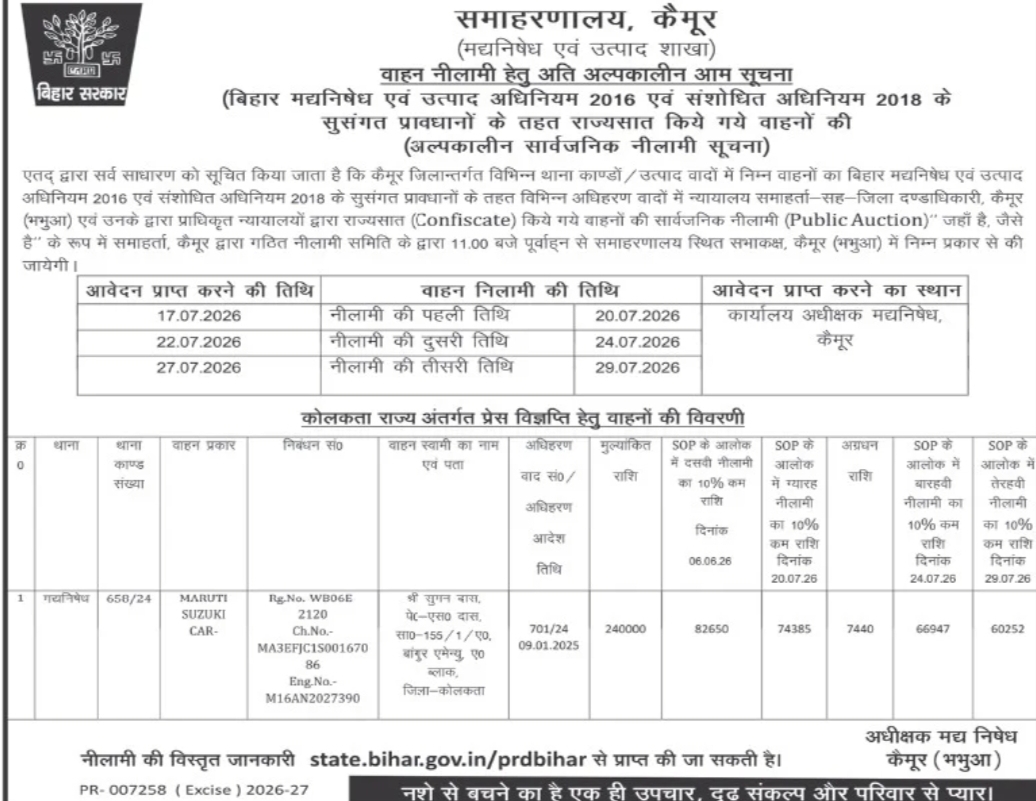 Vehicle Auction Notice – Confiscated Vehicle Auction by Excise Department, Kaimur (Bihar)