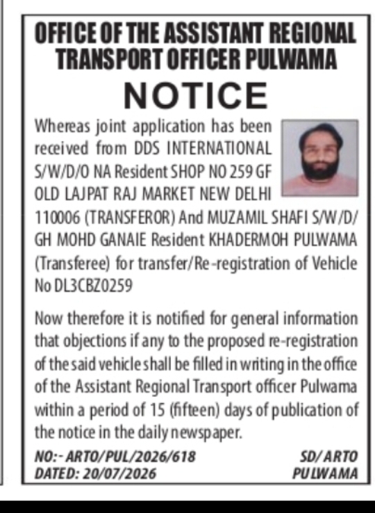 Vehicle Transfer and Re-Registration Notice – DL3CBZ0259