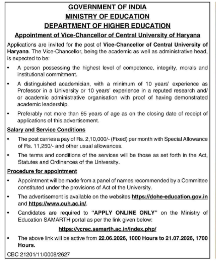 Vice-Chancellor Recruitment – Central University of Haryana
