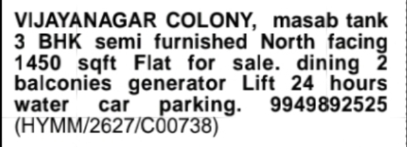Vijayanagar Colony, Masab Tank – 3 BHK Semi-Furnished Flat